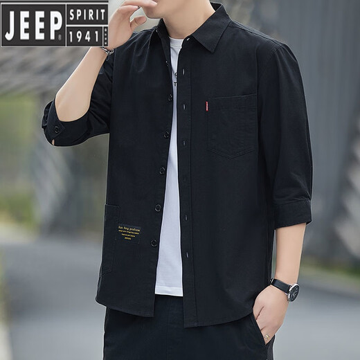 吉普（JEEP）高档纯棉免烫夏季衬衫男士宽松版七分袖衬衣工装中袖外套休闲百搭 高质量纯棉料七分袖5008(浅蓝色) M 95斤-115斤
