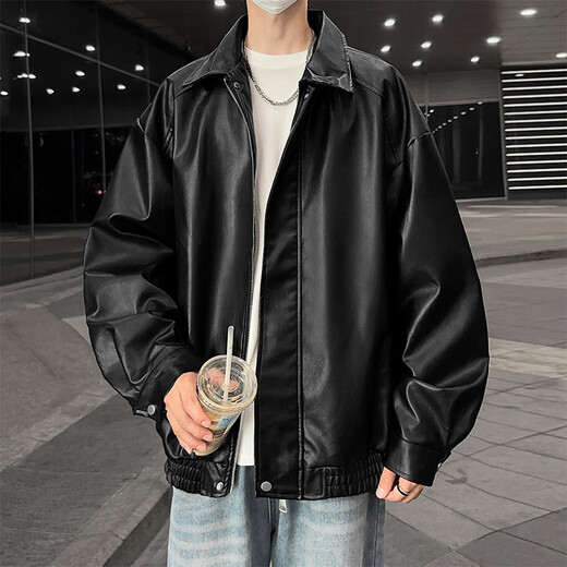 Shelley Jones American Retro Leather Jacket for Men and Women Spring and Autumn New Style Handsome Trendy Top Clothes Loose Casual Couple Jacket Black XL Recommended 125-140 Jin Jin equals 0.5 kg