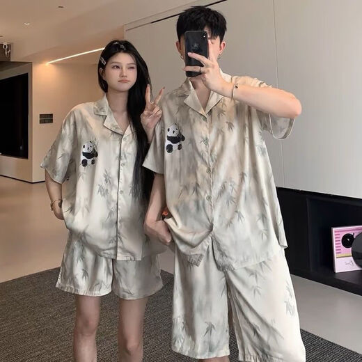 Clolv kissCK couple light luxury pajamas summer ice silk short-sleeved thin cute simulated silk men and women summer home wear set H05 couple one man and one woman female L + male XL