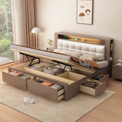 
Yu Feiqi Nordic multi-function soft solid wood double bed modern simple high box night light storage charging wedding bed 9901# single bed [with light with socket] 1.8*2.0m (frame with tail withdrawal)