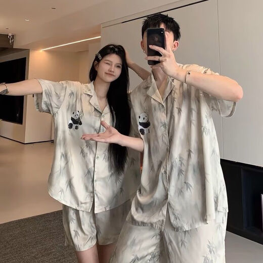 Clolv kissCK couple light luxury pajamas summer ice silk short-sleeved thin cute simulated silk men and women summer home wear set H05 couple one man and one woman female L + male XL