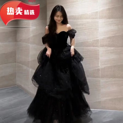 靠森（Kaooseen）公主裙成人蓬蓬裙拖尾黑色晚礼服女2024新款宴会气质18岁生日高中 黑色 晚礼服 M