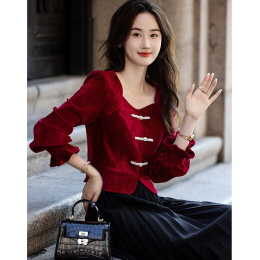 Demana Stars and Moon Spring and Autumn Chinese Style New Chinese Square Collar Shirt Pearl Disk Button Velvet Shirt Women's Top