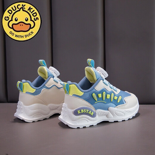 
G.DUCKKIDS little yellow duck girls shoes spring and autumn leather waterproof little girl dad shoes rotating button soft sole sneakers running shoes BS-denim blue 9929 (leather surface) size 27 size 16.9cm