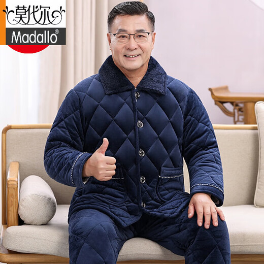 莫代尔睡衣男士爸爸冬季三层加厚夹棉珊瑚绒保暖棉袄中老年人家居服套装 N9923 R灰 三层加厚加绒 L [100-120斤]