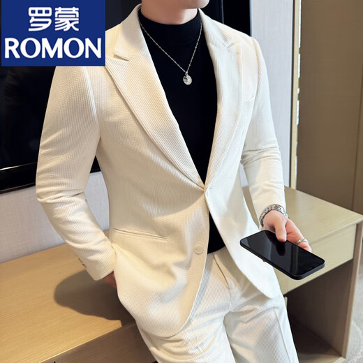 ROMON autumn and winter thick corduroy suit men's suit business casual trendy slim and handsome corduroy suit two-piece set brown single-piece suit / 3XL