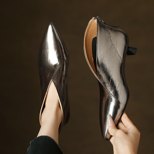 Asamachi French Elegant Pointed Sheepskin Short Boots and Ankle Boots for Women Spring White V-neck Nude Boots Deep Mouth Women's Shoes Commuting Women's Boots Gunmetal 38