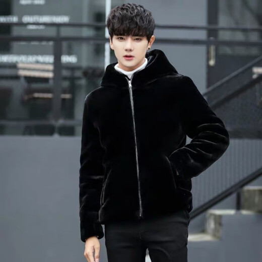 Manxinan new mink coat men's imitation mink hair Haining winter leather coat mink fur short hooded coat black lapel plus cotton 5XL recommended 180 to 200Jin Jin equals 0.5 kg