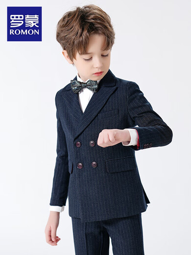 罗蒙男童西装套装花童表演礼服帅气男孩外套小西服钢琴毕业儿童演 深灰色西装4件套（马甲） 130