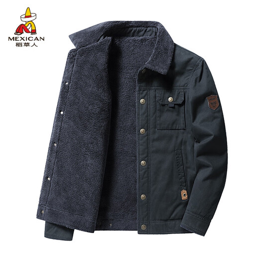 Scarecrow winter bomber jacket men's velvet thickening large size loose cotton coat young and middle-aged lamb velvet workwear cotton jacket 3166 velvet dark blue pure cotton fabric thickened XL 125-140Jin Jin equals 0.5 kg