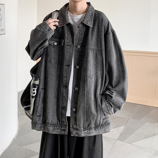 NEW OR MODE American retro high street denim jacket men's new spring and autumn youth trendy brand handsome high-end jacket top gray XL