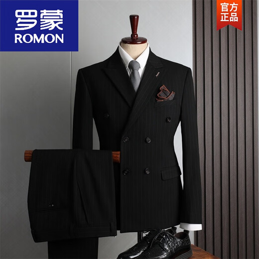 ROMON three-piece striped men's suit wedding suit double-breasted wedding slim trendy groom's dress double-breasted black top + pants 2XL 54135-145Jin Jin equals 0.5 kg