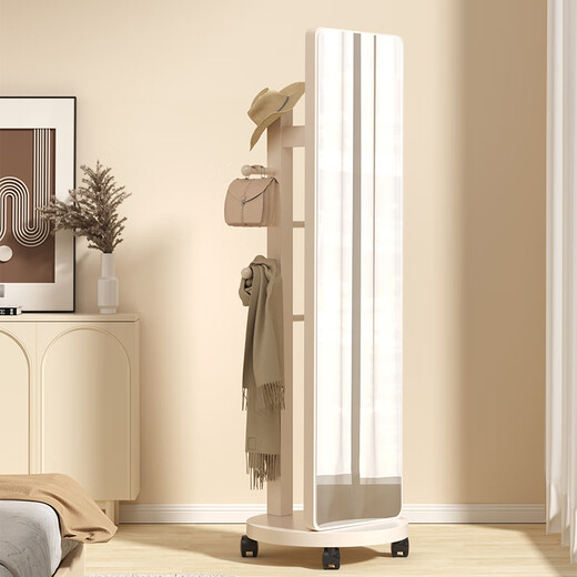 Feiwang Tengda Cream Style Ganzkörperspiegel Haushalt rotierender Dressingspiegel für Frauen Schlafzimmer Mobiler Bodenspiegel ohne Verformungskleidung integriert. Der Kleiderbügel kann beweglich sein - schwarzes Holzkorn - verdickte große Basis
