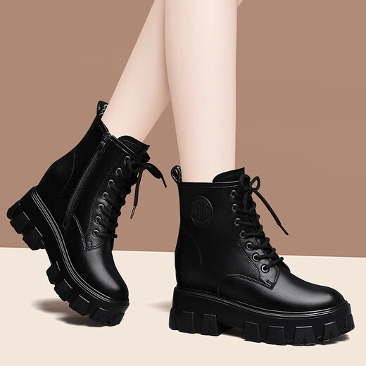 Lyca Kington 2024 autumn and winter new motorcycle boots niche zipper design inner height-enhanced short tube Martin boots versatile casual women's boots Black 1105 36