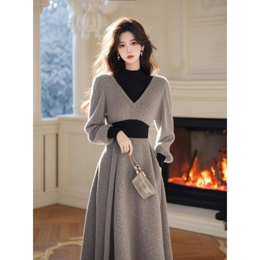 Yanxun Gray High Collar Knitted Dress Women's 2025 Winter High-Quality Super Nice-looking Waist Wrap Long Skirt Gray M