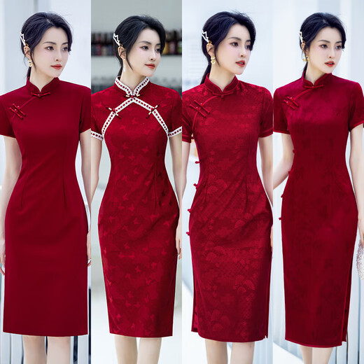 Jie Yintong Spring and Summer Wedding Clothing Mother-in-law Wearing Cheongsam Red Cheongsam 2025 Summer New Chinese Style Small Body Low Neck 683 S