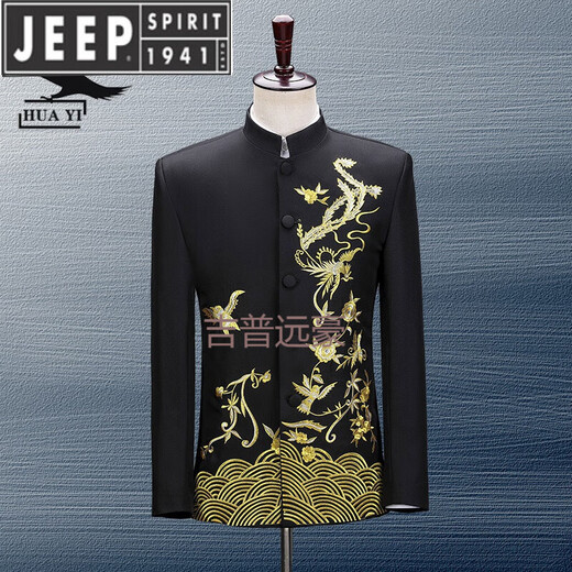 JEEP SPIRIT Black Stand Collar New Chinese Mao Suit Male Singer Chorus Middle-aged Student Youth Performance Suit Republic of China Black Golden Phoenix Top 180 (XL) Height 180 Weight around 160