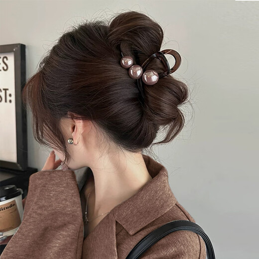 Zuoou Pearl Clip Women's Medium Size Back Head Hair Shark Clip Small Hair Clip 2025 New High-end Hair Accessories Coffee Pearl Translucent Black Bottom Clip About 8cm