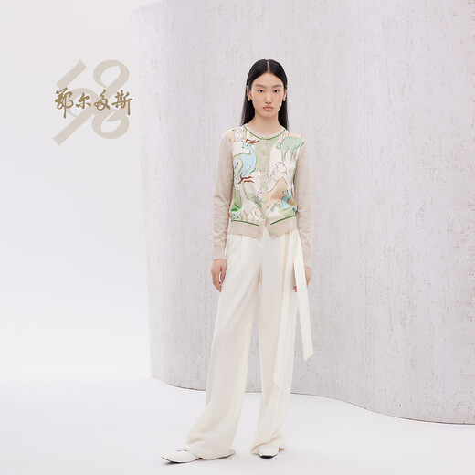 鄂尔多斯1980针梭拼接小鹿印花女针织开衫693 米底花 2XL 175/96A