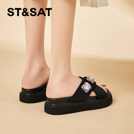 Saturday (St/Sat) mid-heel sandals for women 2024 summer new fish mouth rhinestone sandals fashionable and versatile one-slip flops for women black 35