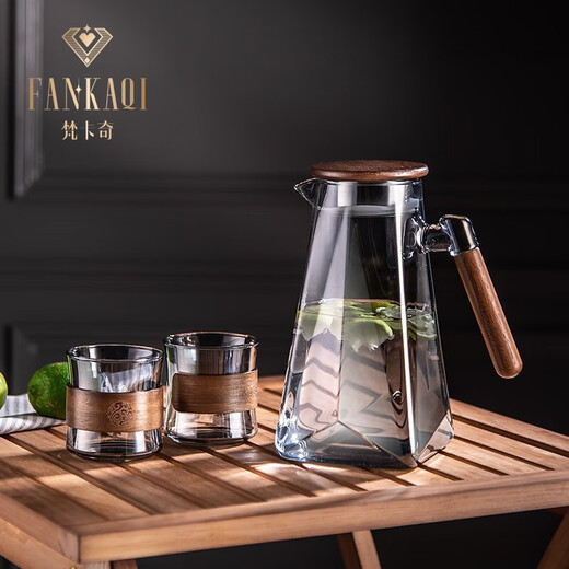 FANKAQI heat-resistant, high-looking cold kettle glass for home living room, cold white kettle for making herbal tea and juice, ash walnut + cup holder + iron tray