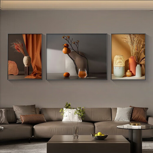 Pinturas sensoriales, pinturas de decoración de sala de estar de lujo ligeras, murales de pared de fondo de sofá, pinturas modernas, atmosféricas y de alta gama artística, pinturas de tríptico, JD15054, izquierda y derecha 35*50, medio 70*50, adecuado para aproximadamente 2 metros, marco negro de aluminio de porcelana de cristal.