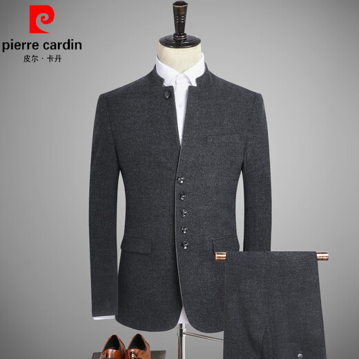 Pierre Cardin Chinese tunic suit for young men Chinese stand collar suit men's Chinese style Tang suit Chinese woolen jacket men's knitted 6622-dark gray-top + pants L 175-suitable for 120-130Jin Jin equals 0.5 kg