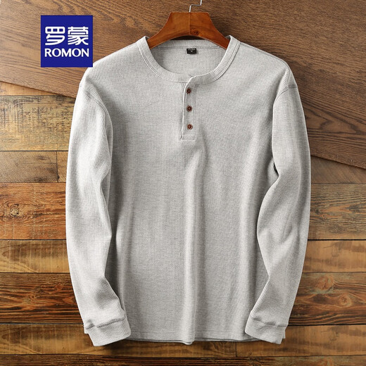 ROMON has a good reputation, waffle Henry collar, men's solid color loose knitted pullover bottoming shirt, casual long-sleeved T-shirt, light gray S 115-130Jin Jin is equal to 0.5 kg