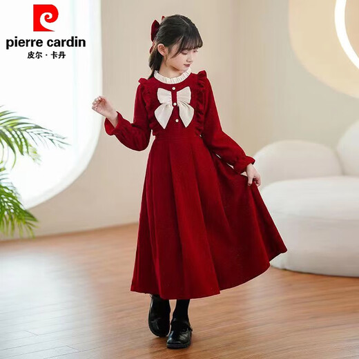 Pierre Cardin girls autumn and winter dress plus velvet red princess dress 3~14 years old children's winter dress little girl winter dress burgundy (no velvet in spring and autumn) 160