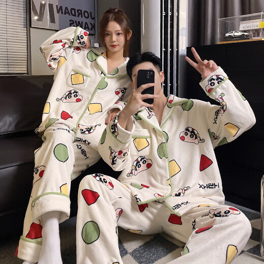 Full bundle of Crayon Shin-chan coral velvet autumn and winter pajamas for women, plus velvet and thickened home clothes, couple flannel men's suit, plush #M10# couple cardigan Crayon Shin-chan 2XL male size (weight 140-160Jin Jin is equal to 0.5 kg)