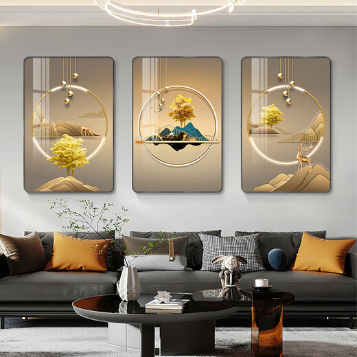 Yaoshijia Gemälde Gemälde Wohnzimmer Dekoration Gemälde moderne einfache Sofa Hintergrund Wandstein Laufen hängende Gemälde Leichte Luxus Wand High-End Triple Mural JD13587 60*80/60*80 Kristallporzellan Diamant eingelegtes PVC Gold Edge