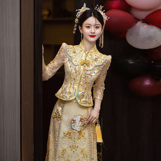 Zhiji xiUhe Hochzeitsbraut Hochzeitskleid 2025 Neue Champagner Farbe Neues chinesisches Hochzeitskleid Toast Drache und Phoenix Kleid Hochzeitskleid Hf008 m