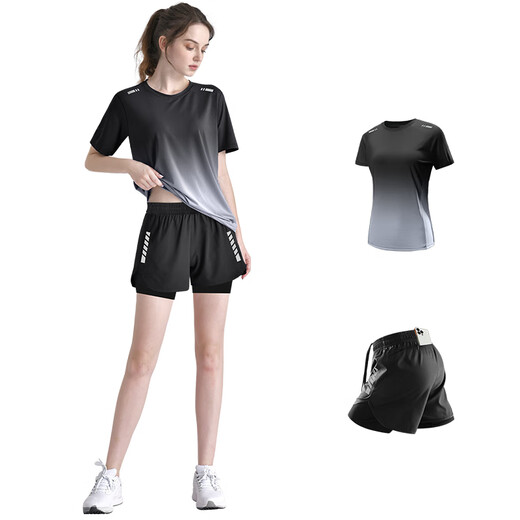 Alan Burton Sports Set für Frauen Sommer Marathon Jogging New Yoga Ice Seide Schnelle Trockenkleidung Kurzarm Training großer Fitnesskleidung Zwei-teilige Set-Gradient Grau [kann auf Ihr Telefon gelegt werden] m [100-115jin [Jin gleich 0,5 kg]]]