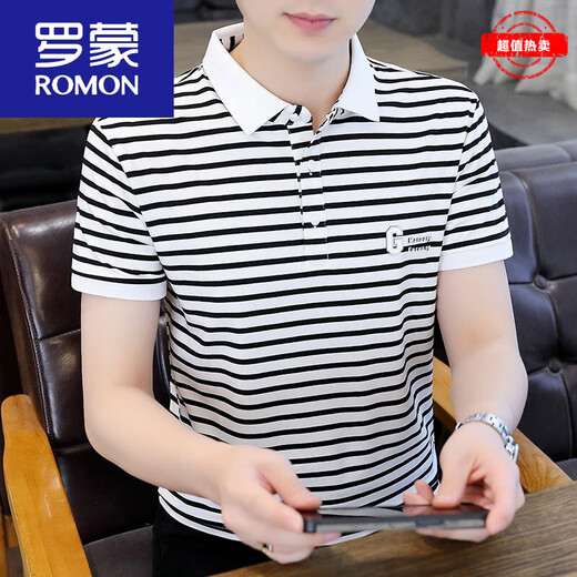 罗蒙（ROMON）polo.衫男士翻领短袖t恤条纹夏季2025新款男装半袖体恤T 黑色ZMNTB653圆*领 3XL 建议150-165斤