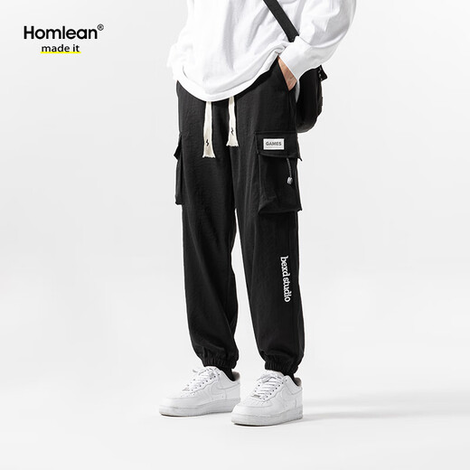 Homlean美式高街休闲裤男秋季伞兵束脚百搭工装裤小众机能风9913黑色XL