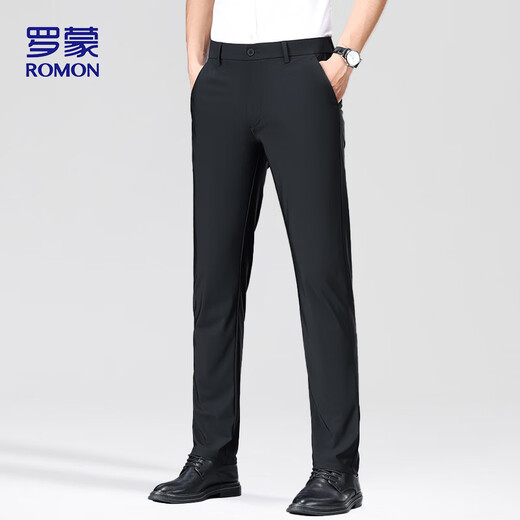 罗蒙（ROMON）休闲裤男士夏季冰丝薄款商务直筒裤免烫西装裤子男LM73 黑色 32