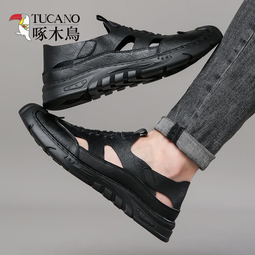 Specht echtes Leder -Kauflätschpferder erhöhte Lochschuhe für Männer Sommer neue 2024 Sandalen für Männer atmungsaktive hohle Männer lässig Innere 6629 Khaki/Innere erhöht 41