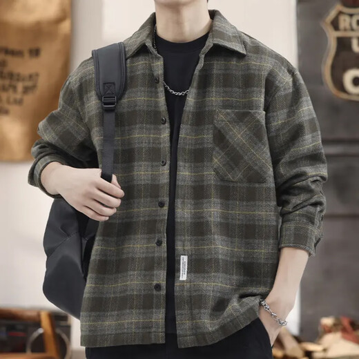 Brushed long-sleeved shirt plaid American heavyweight casual style large size youth tops autumn and winter velvet work jacket men gray Z956 3XL recommended 176-195Jin Jin equals 0.5 kg