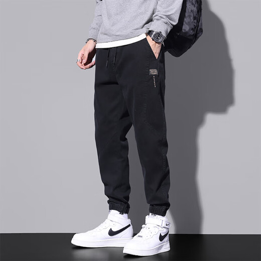Woodpecker casual pants men's tying feet trendy workwear men's 2025 summer thin loose long pants 9859 black + 9859 gray M