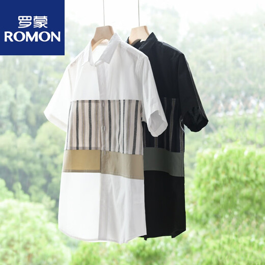 罗蒙（ROMON）夏季男士条纹短袖衬衫日系拼接薄款上衣服休闲百搭衬衣 9740蓝色 2XL 160斤左右