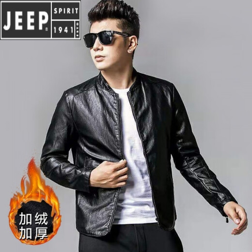 JEEP SPIRIT Jeep leather jacket men's trendy handsome slim fit spring, autumn and winter new thin velvet thickened leather jacket L 90-110Jin Jin equals 0.5kg 1985 model black thin.