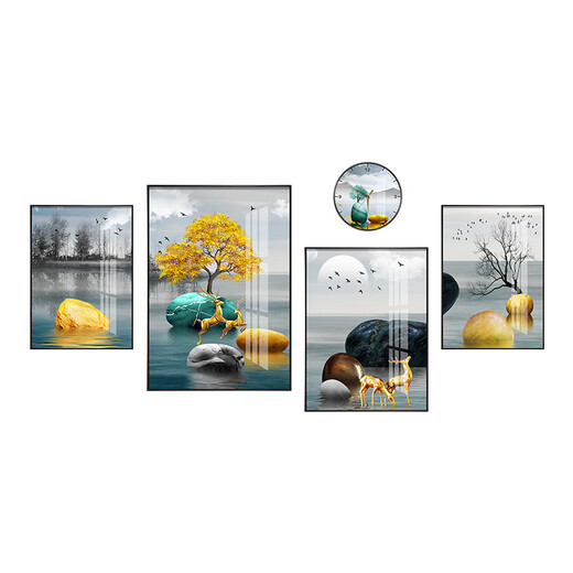 
Mohu (mohu) living room decoration painting sofa background wall mural modern simple landscape landscape painting TV wall high-end new style hanging painting Fulu Xiangsui 15941 (including wall clock) tempered crystal porcelain large combination - black frame