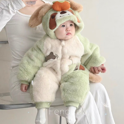 Baby winter thickened khaki, sweet and warm onesie, baby winter velvet crawler suit, thickened super cute outing suit, green bone dog thickened mink velvet jumpsuit 66cm