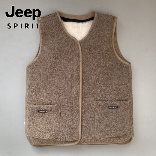 JEEP SPIRIT wool vest for men and women, integrated fur sheep velvet vest genuine leather middle-aged and elderly thickened vest warm winter khaki 4XL