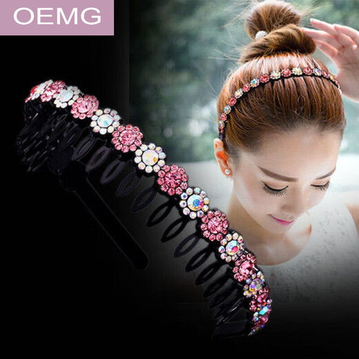 OEMG headband Korean rhinestone simple anti-slip hairband hairband face wash toothed hairpin headdress adult top clip hairpin 2 pieces (W style colorful + G style pink AB)