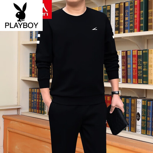Playboy (PLAYBOY) men's casual sports fashion suit spring and autumn new pullover cotton sweatshirt round neck long-sleeved shirt 677 (black) XL (recommended 120-140 Jin Jin equals 0.5 kg)