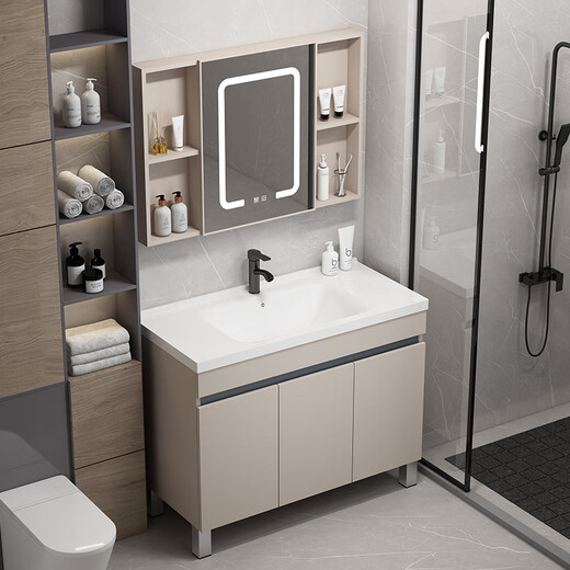 Dafify Honeycomb Aluminium Badezimmerschrank Keramik integriertes Badezimmer Waschbeckenschrank Kombination bodenhörigem Waschbecken Balkon Waschbecken Pool F828 Milch Kaffeetür plus halbem Spiegelschrank 60 cm