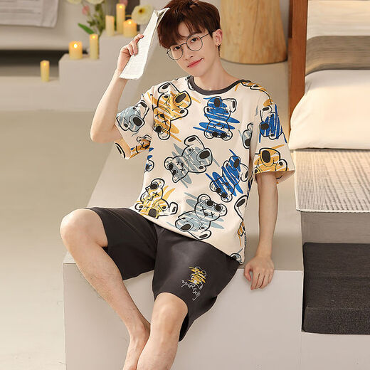 LangSha college student pajamas summer men's short-sleeved pure cotton thin Korean style youth summer wear men's high school student dormitory suit Q short-sleeved men's 1396 white XL standard (118-138Jin Jin equals 0.5 kg)