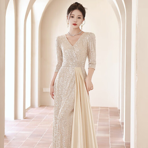 Yingwen Champagner-Farbabendkleid für Frauen neue Stil, leichte Luxus Nische High-End-Host-Pailletten Chor-Performance-Kostüm, Champagnerfarbe XL Vorschläge 110-120jin [Jin ist 0,5 kg]