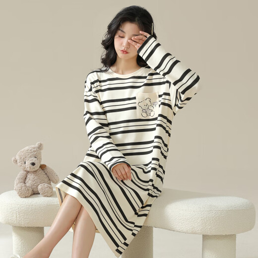 简方位2024年新款睡裙女春秋纯棉感秋冬季睡衣可外穿条纹家居服 w9764长袖睡裙 7XL m 70-90斤